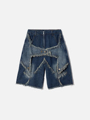 Teeonvi Vintage Starry Fringe Hem Denim Shorts