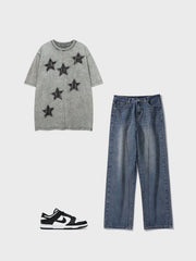 Teeonvi Denim Star Patchwork Washed Tee